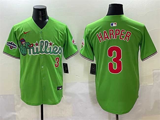 Men%27s Philadelphia Phillies #3 Bryce Harper Light Green Phanatic With 2024 Division Champions Patch Limited Stitched Jersey